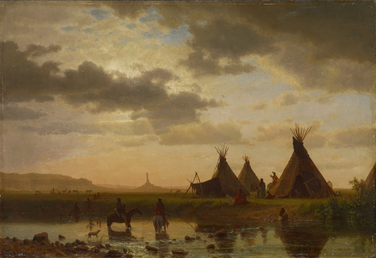Uitzicht op Chimney Rock, Ohalilah Sioux-dorp op de voorgrond door Albert Bierstadt