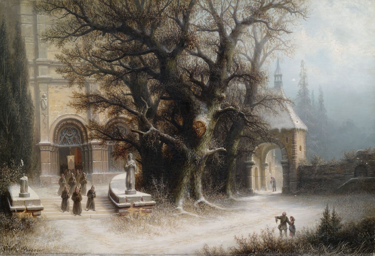 Processie bij een besneeuwd klooster door Albert Bredow