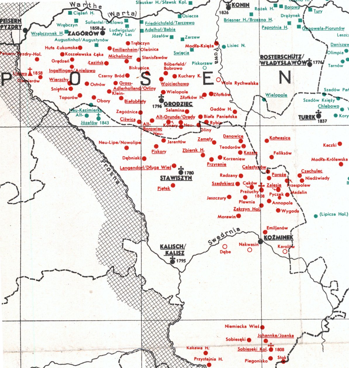 Nederzettingen in 1938 tussen Kalisch, Władysławów en Turek in 1938 door Albert Breyer