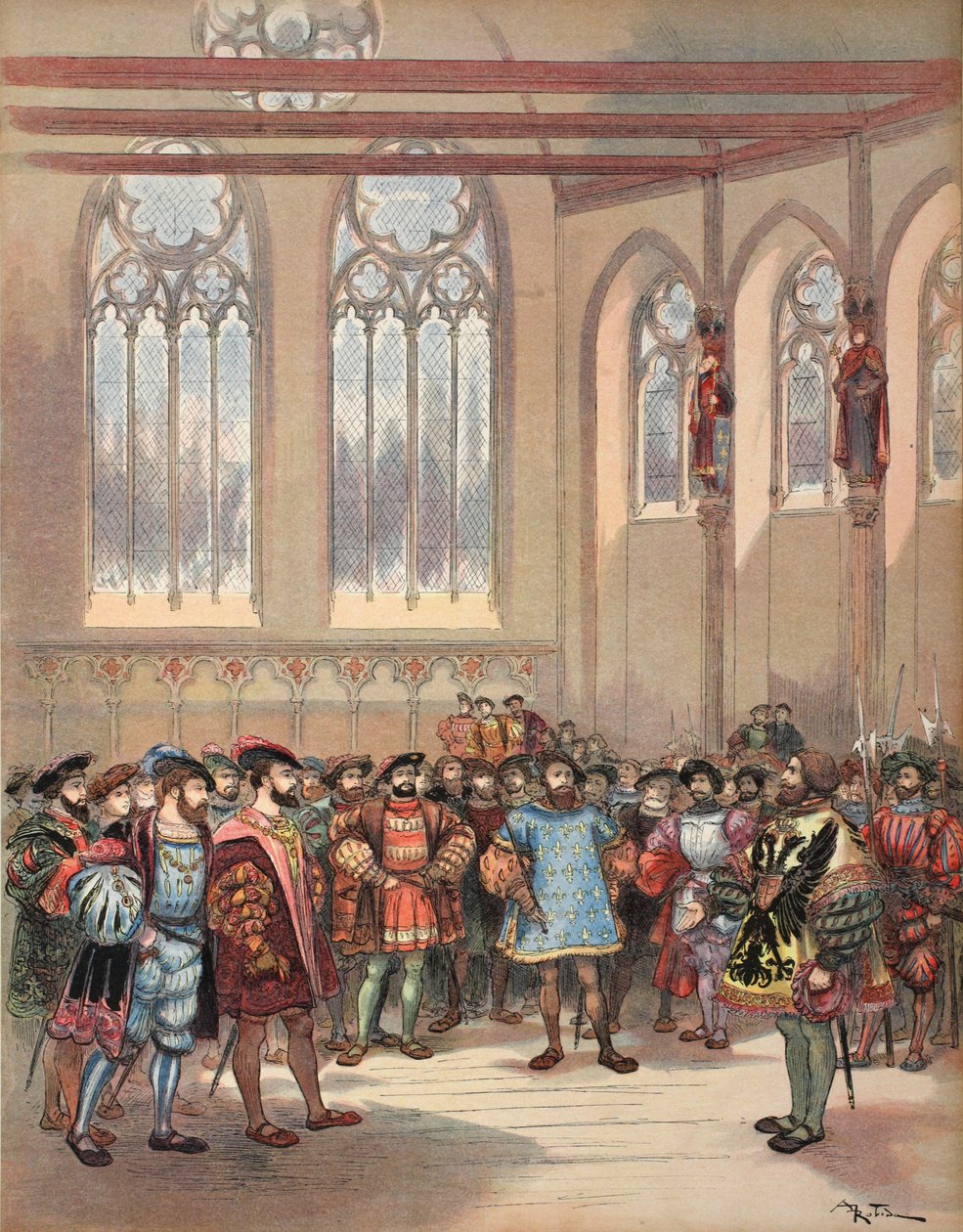 De Bourgogne-heraut, gestuurd door Karel V, ontvangen door Frans I in de Grote Zaal van het Parlement, illustratie uit 