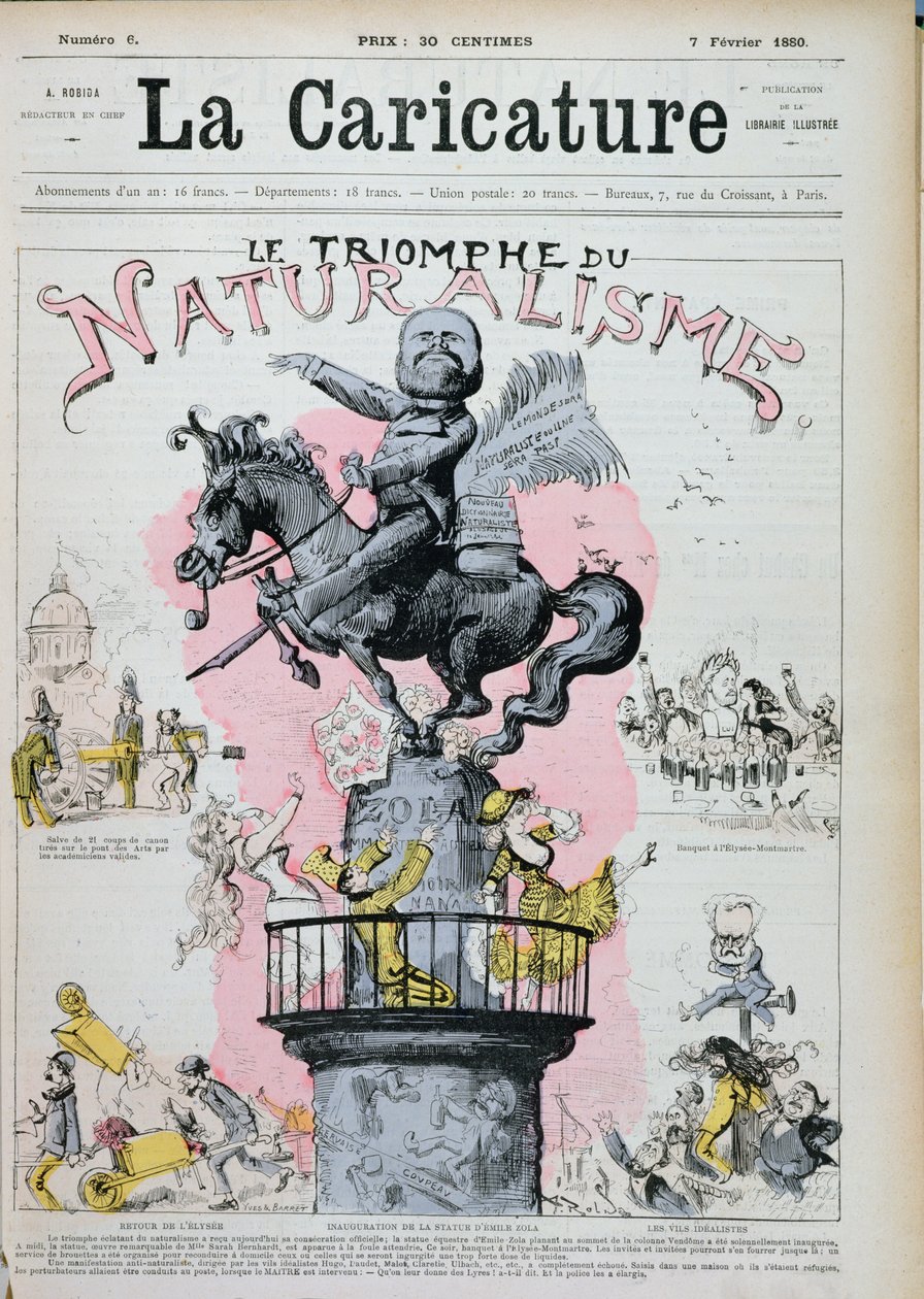 De triomf van het naturalisme, karikatuur van Emile Zola (1840-1902) illustratie uit 