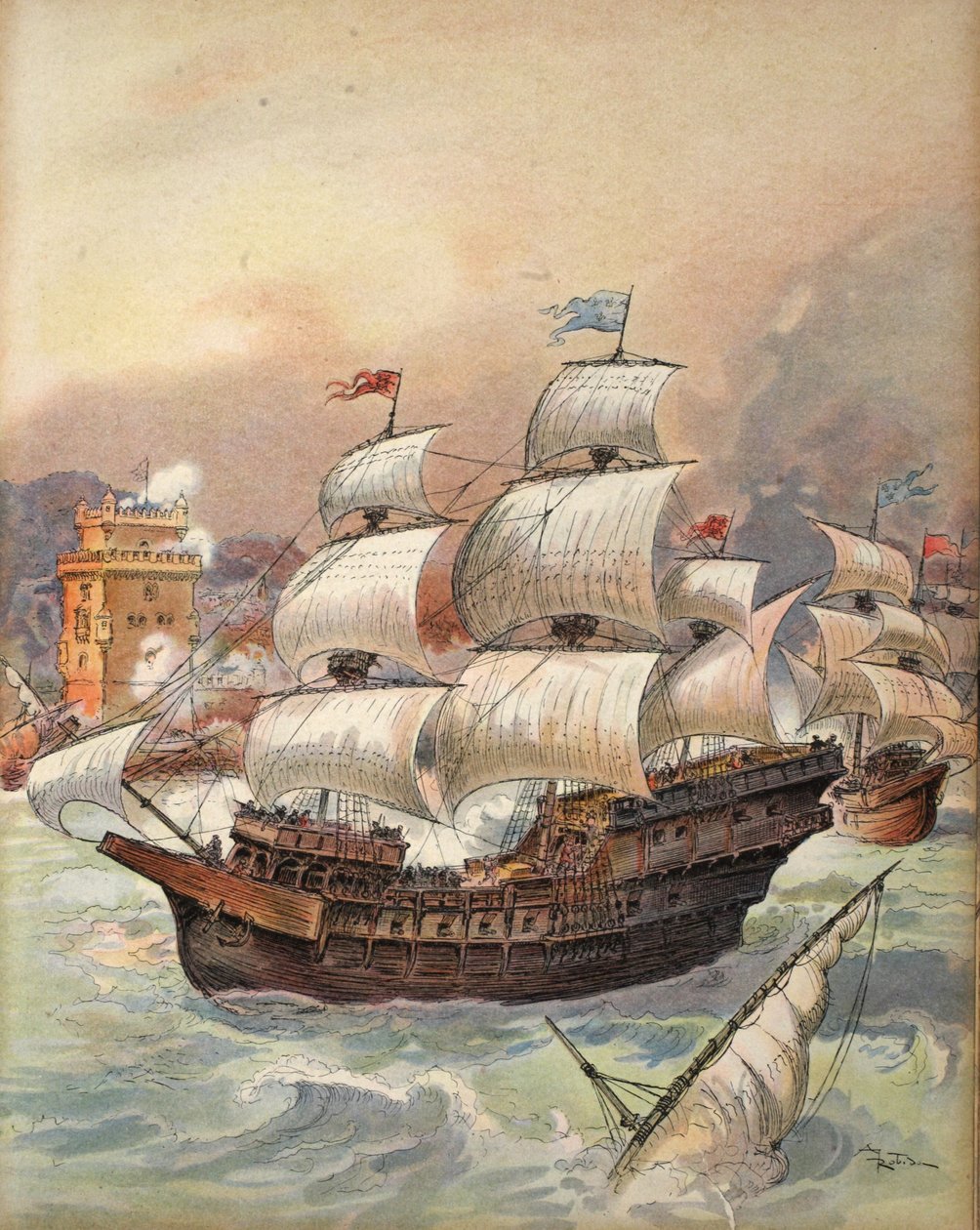 De vloot van Jean Ango blokkeert de Taag en bedreigt Lissabon, illustratie uit 