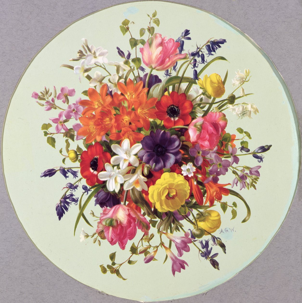 Een cirkelvormige bloemenarrangement door Albert Williams