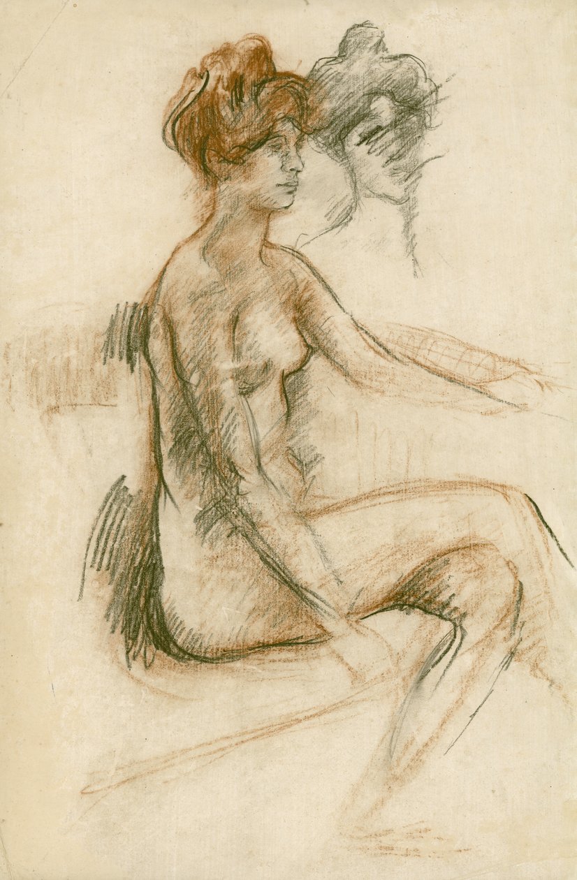 Studie van een zittende naakte, linkerarm opgeheven, ca. 1890 door Albert de Belleroche