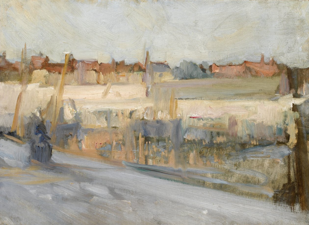 Uitzicht over een haven, mogelijk Boulogne Sur Mer door Albert de Belleroche