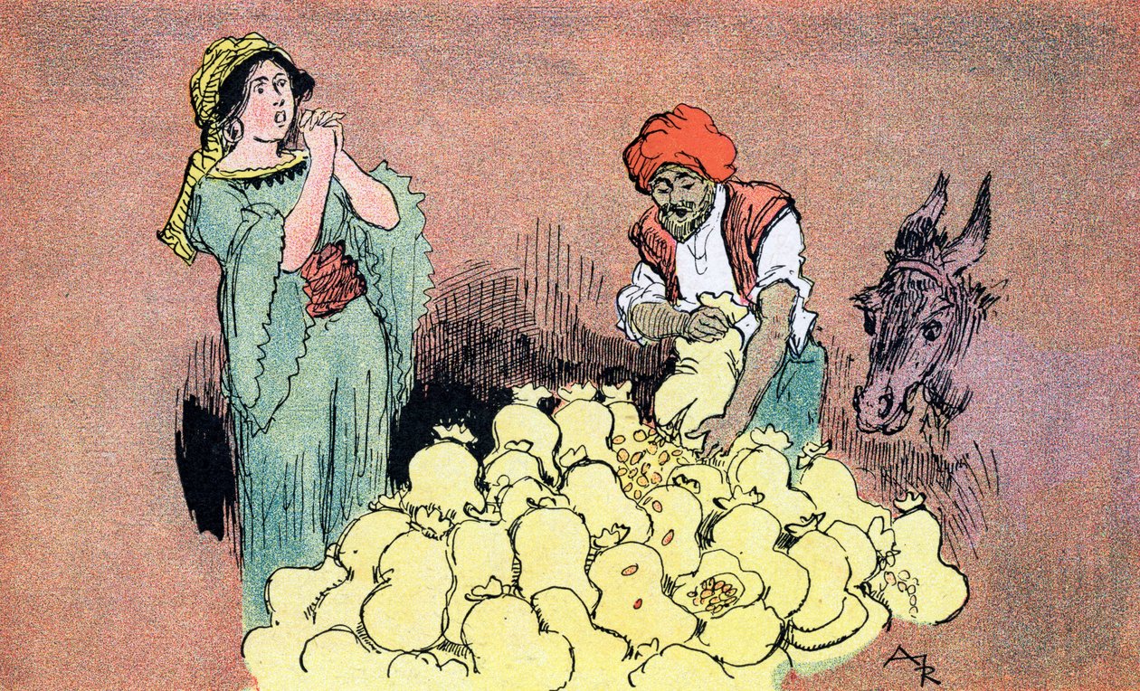 Ali Baba toont de goudzakken aan zijn vrouw (illustratie door Albert Robida voor Ali Baba en de Veertig Rovers, 1945) door Albert (after) Robida