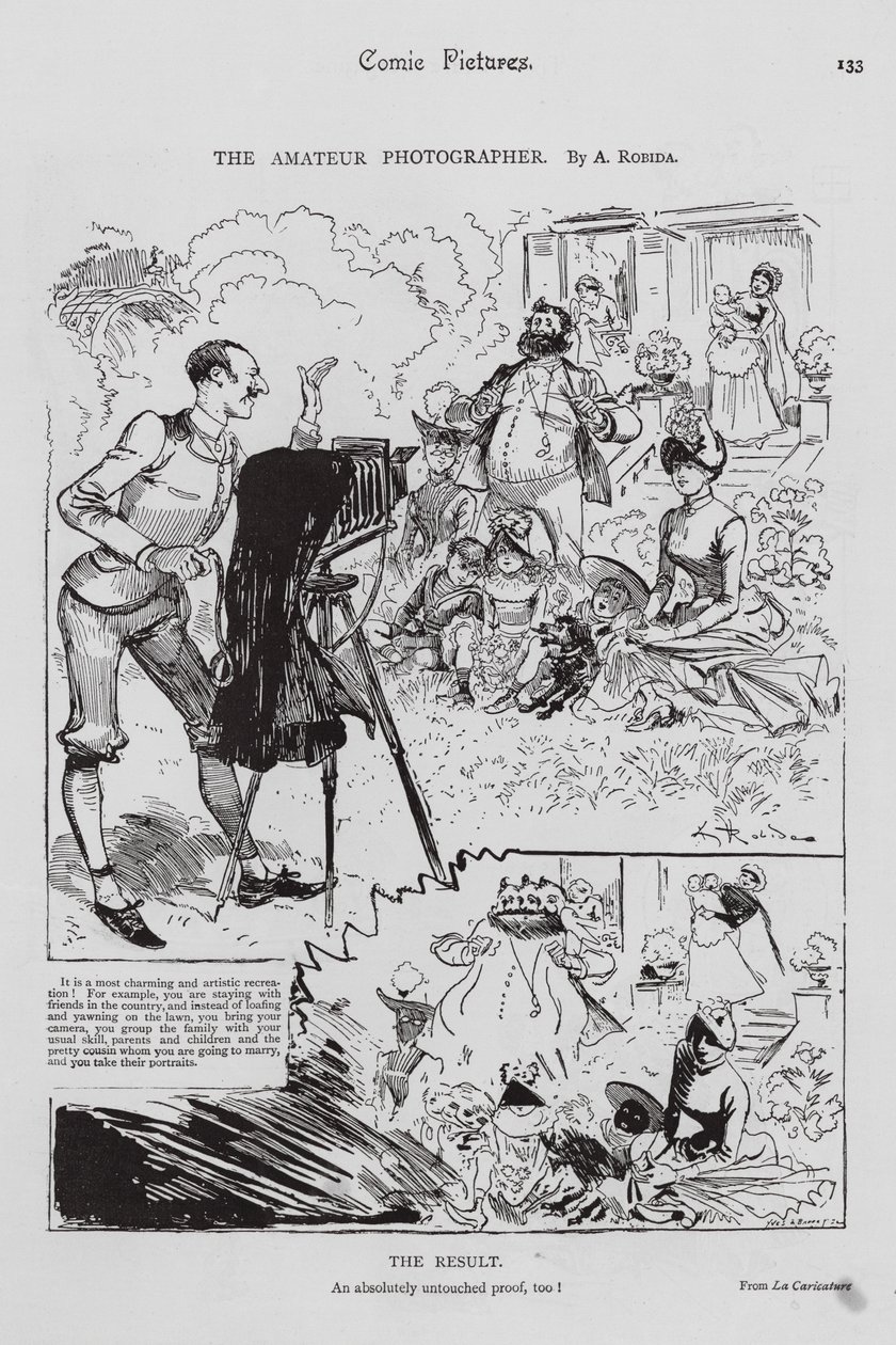 Familie poseert voor amateurfotograaf (gravure) door Albert (after) Robida