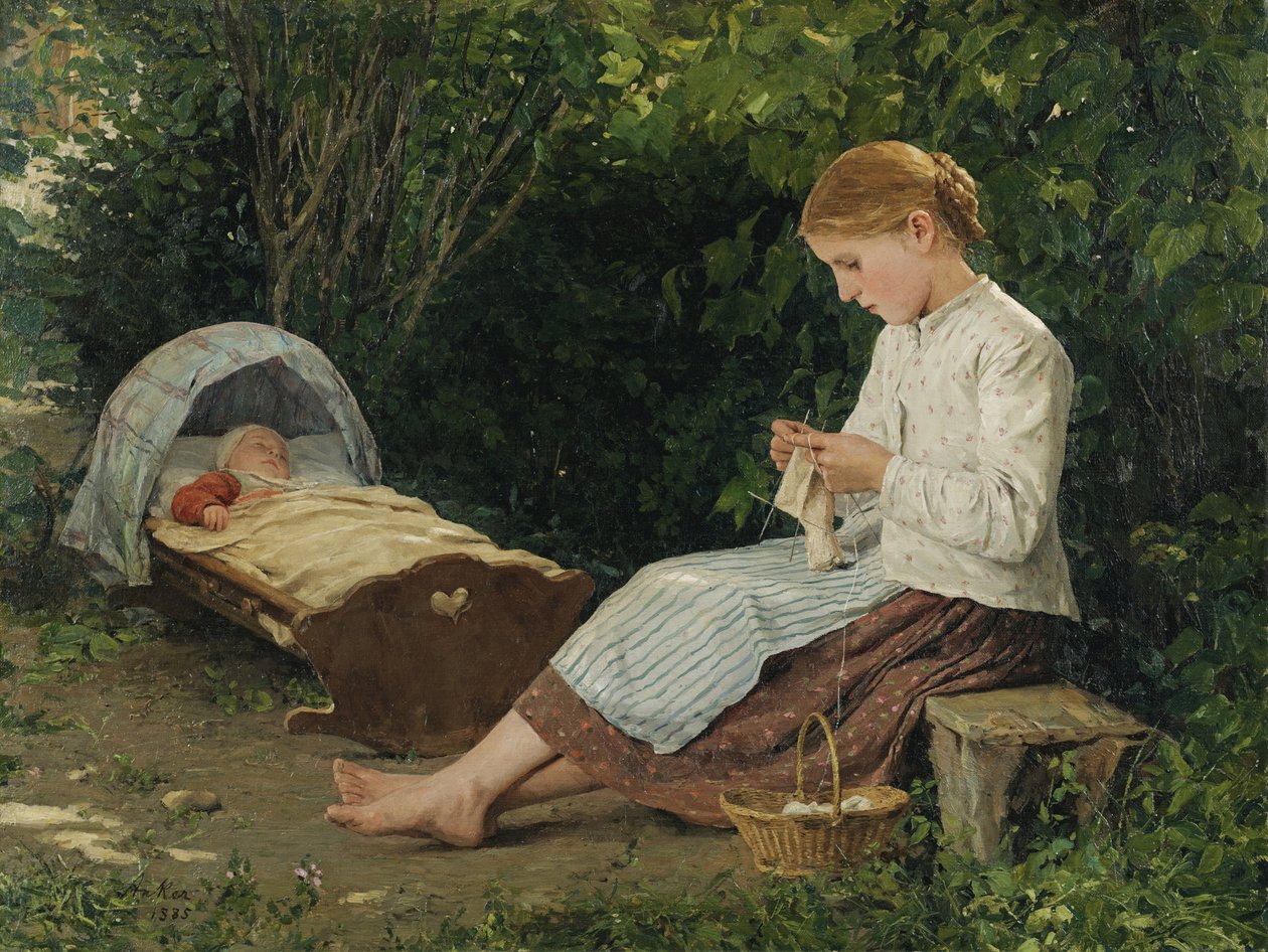 Breidend meisje dat op een baby in een wiegje let door Albert Anker