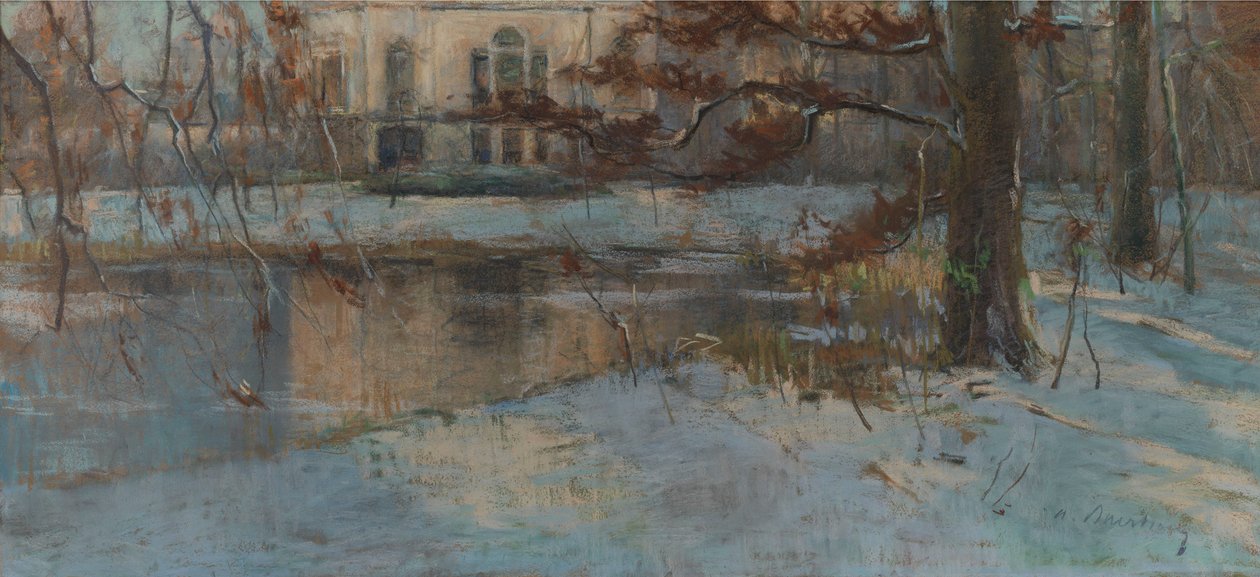 Hoek van een vijver, sneeuw (Landhuis en park onder de sneeuw) door Albert Baertsoen