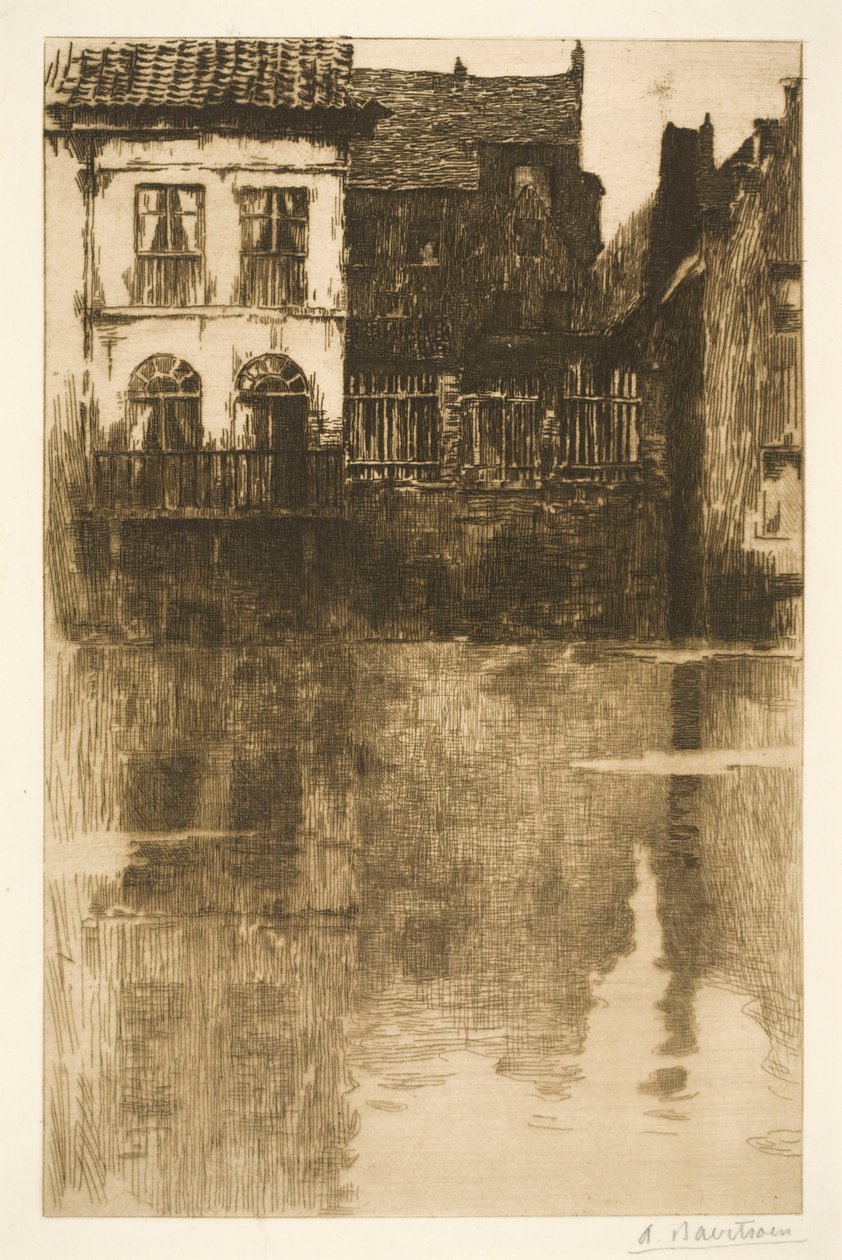 Oude huizen langs het water door Albert Baertsoen