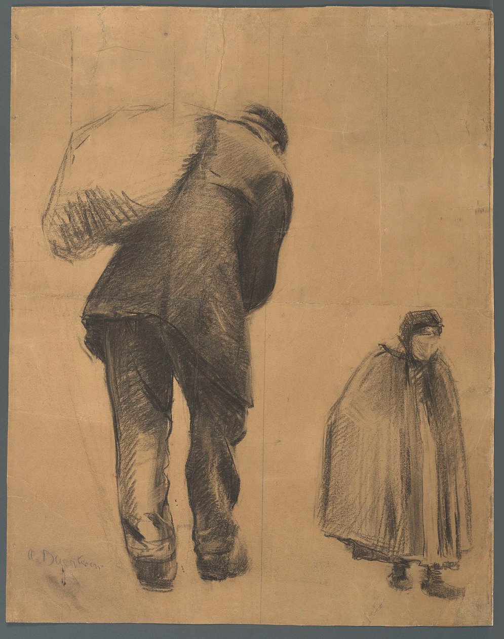 Studie van een man op de rug gezien, een zak dragend, en een vrouw met een kapmantel door Albert Baertsoen
