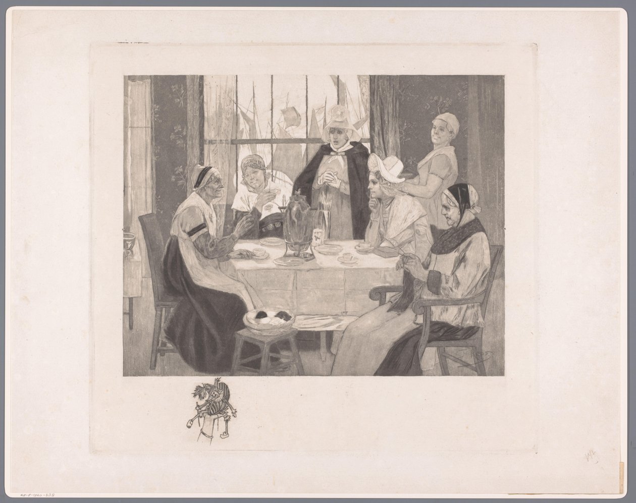 Gezelschap van vrouwen in klederdracht aan tafel door Albert Bertrand (attributed to)