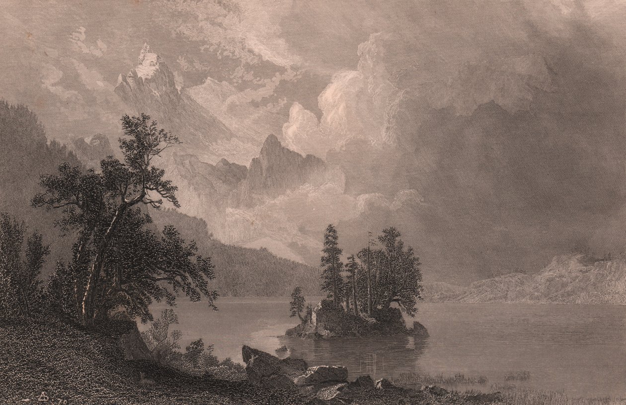 Uitzicht op Lake Esther, Sierra Nevada, Californië, Verenigde Staten, staalgravure door Robert Hinshelwood naar schilderij van Albert Bierstadt, circa 19x14 cm door Albert Bierstadt