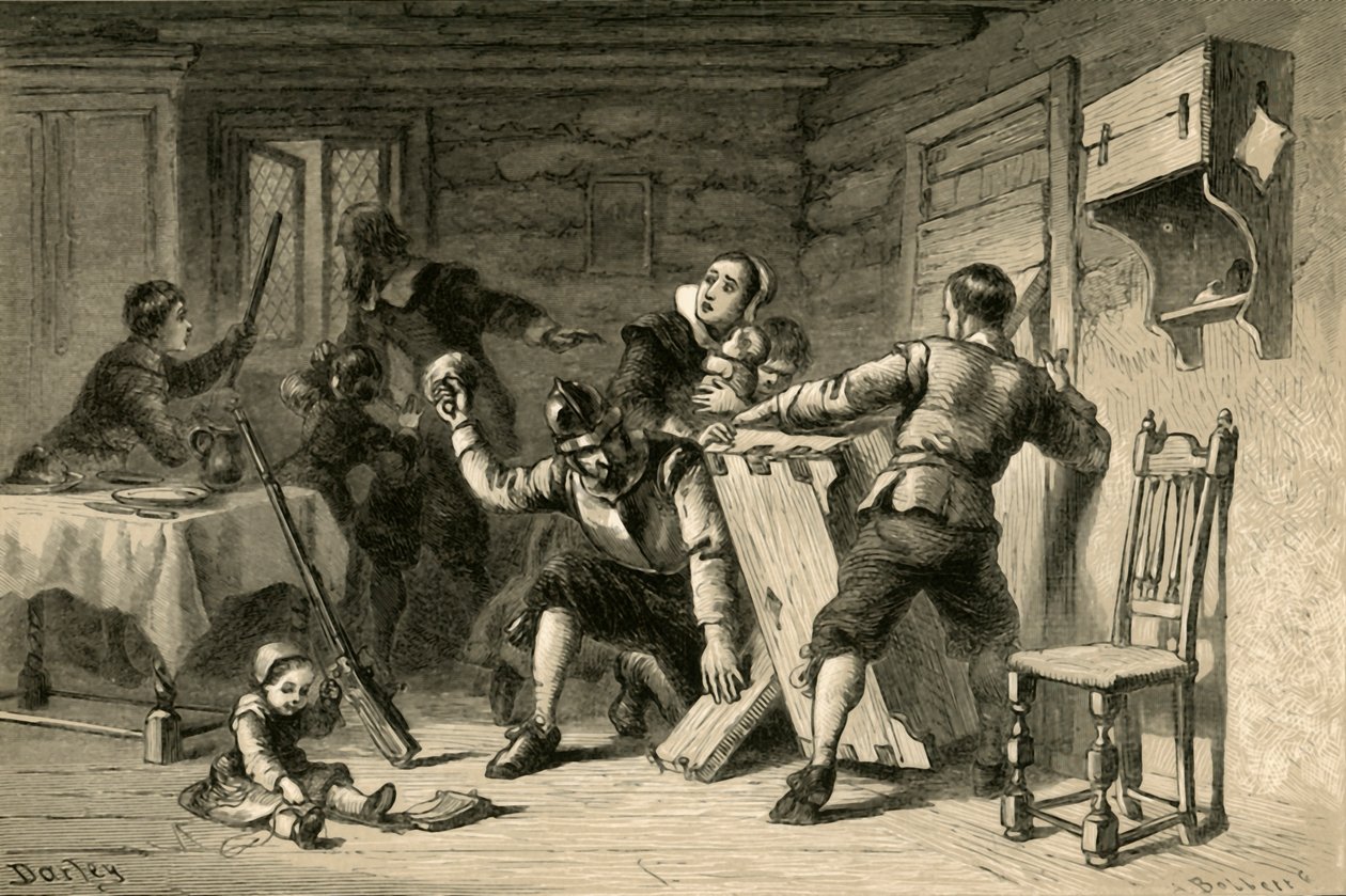 Puriteinen barricaderen hun huis tegen indianen, 1877 door Albert Bobbett