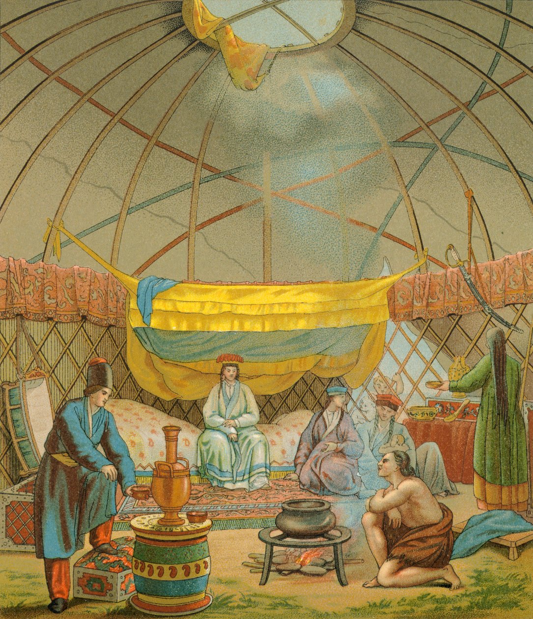 Een Kalmuk, een Kalmuk tent door Albert Charles August Racinet
