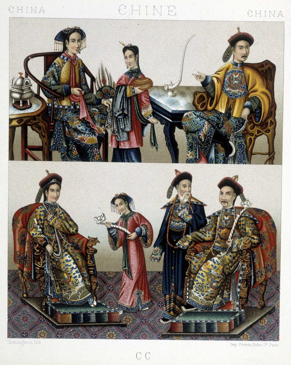 Chinese aristocratie - in "Le costume historique" door Racinet door Albert Charles August Racinet