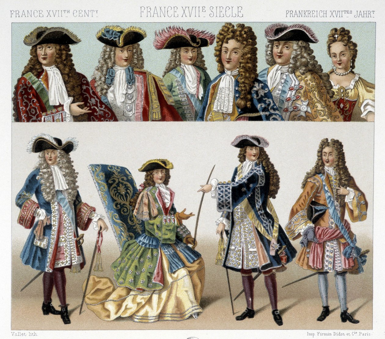Kostuums en kapsels van de Franse adel in de 18e eeuw. Illustratie in 