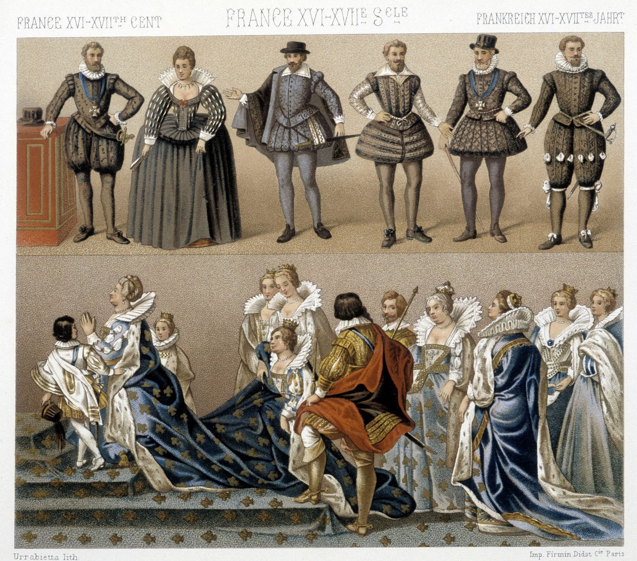 Kostuums van koningin Marguerite van Frankrijk (onder), en Hendrik IV (boven) in de 17e en 18e eeuw. Illustratie in 