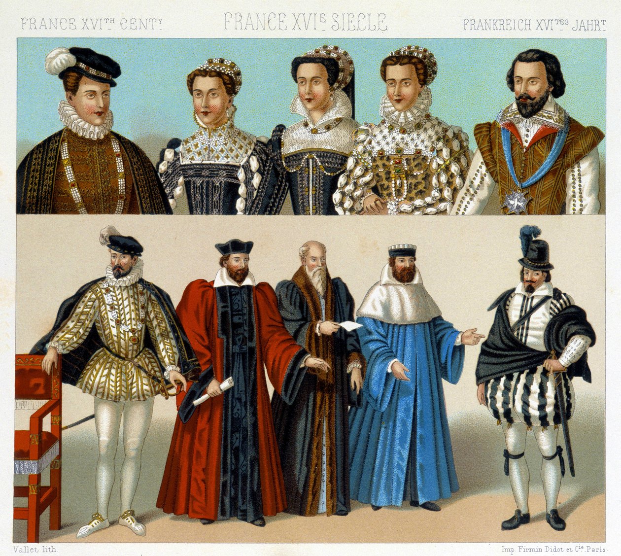 Kostuums van edelen en magistraten in Frankrijk in de 17e eeuw. Chromolithografische plaat - in 
