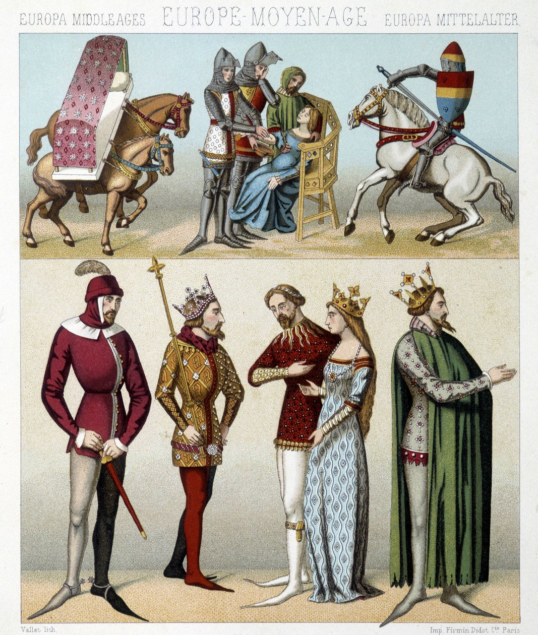 Kostuums van de Middeleeuwen in Frankrijk. Illustratie in "Le costume historique" door Racinet door Albert Charles August Racinet
