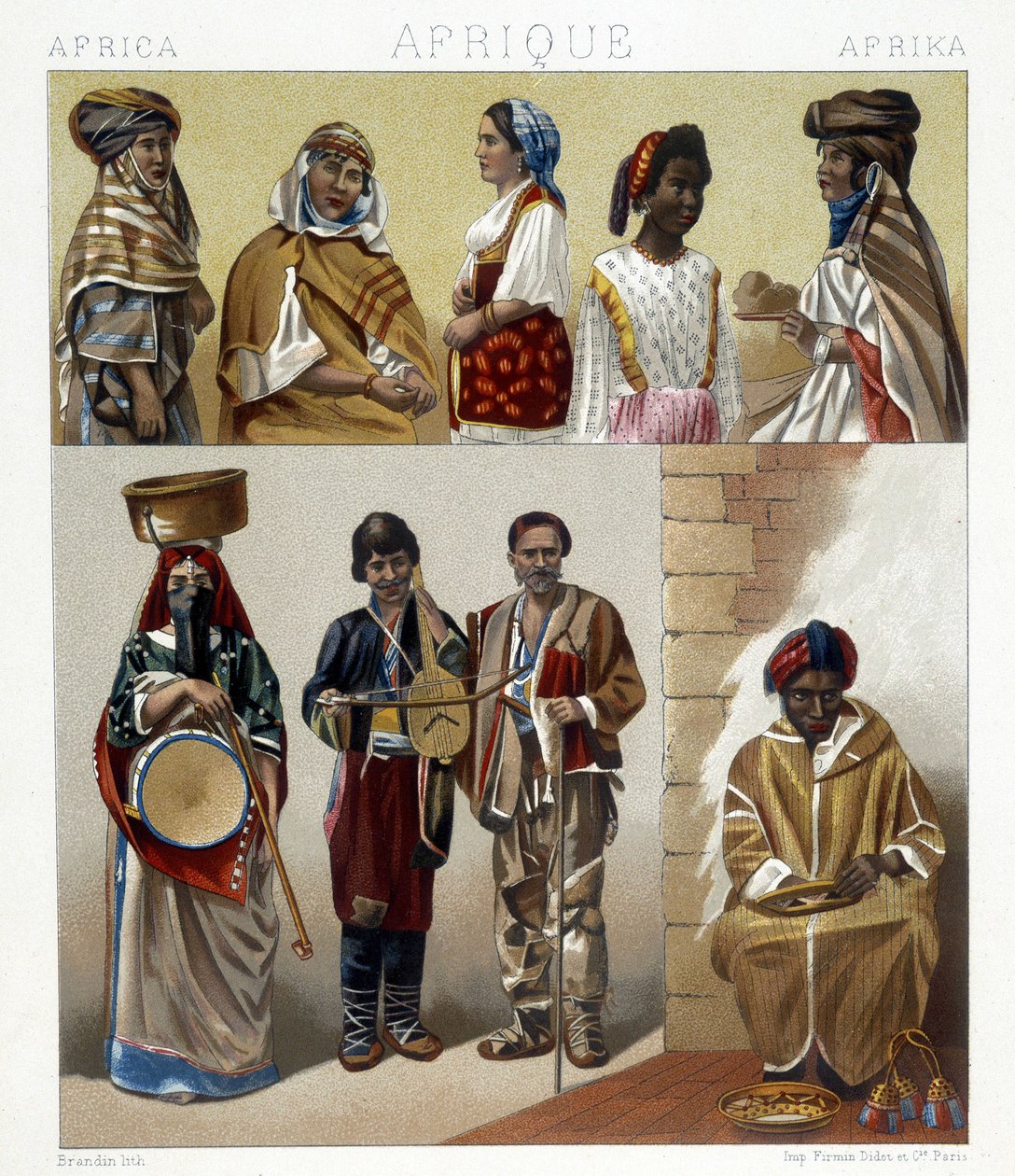 Egyptische kostuums. Illustratie in "The historical costume" door Racinet door Albert Charles August Racinet