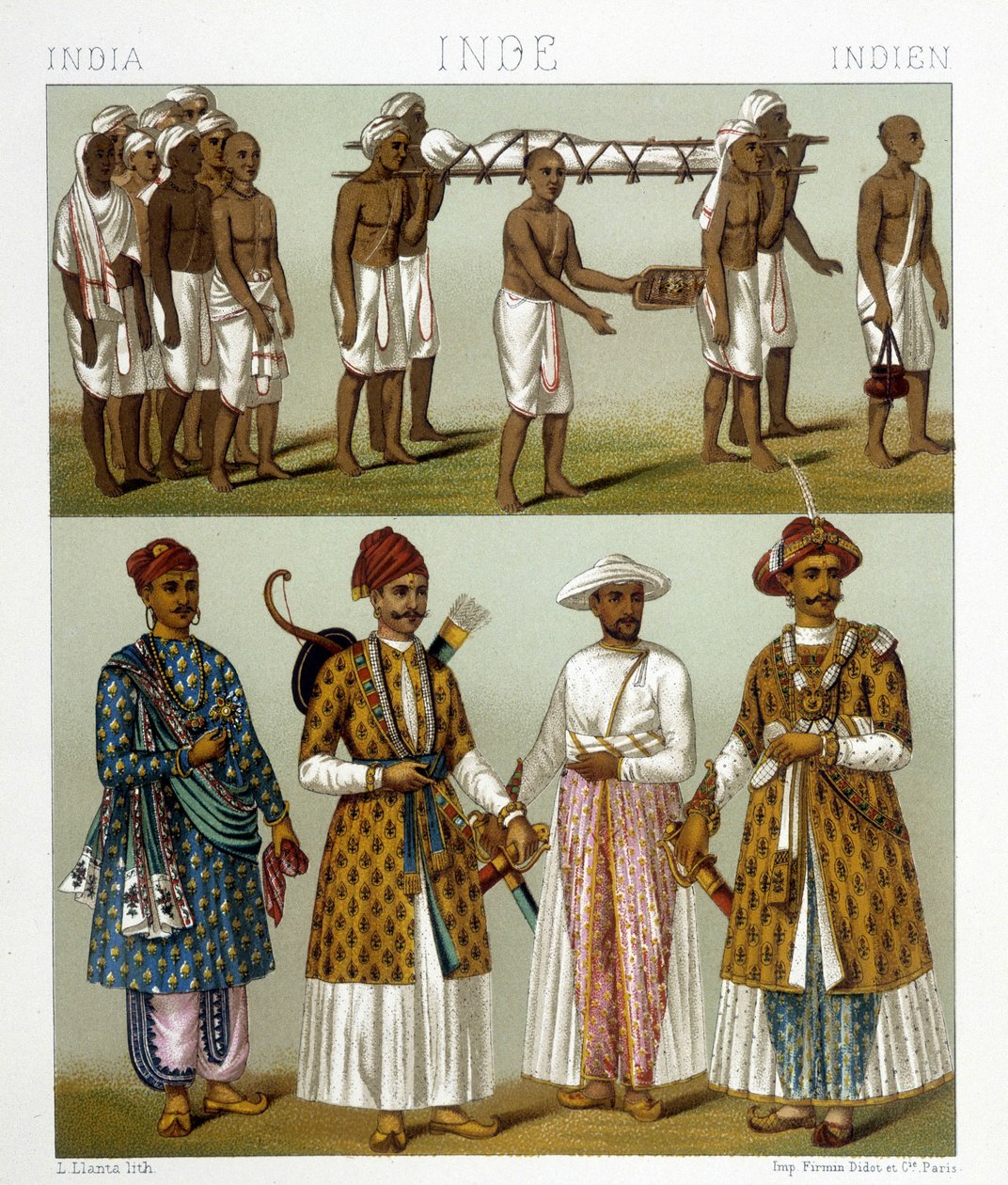 Begrafenis (bovenaan de afbeelding) en handelaren (onderaan de afbeelding) in India. Tekening in 