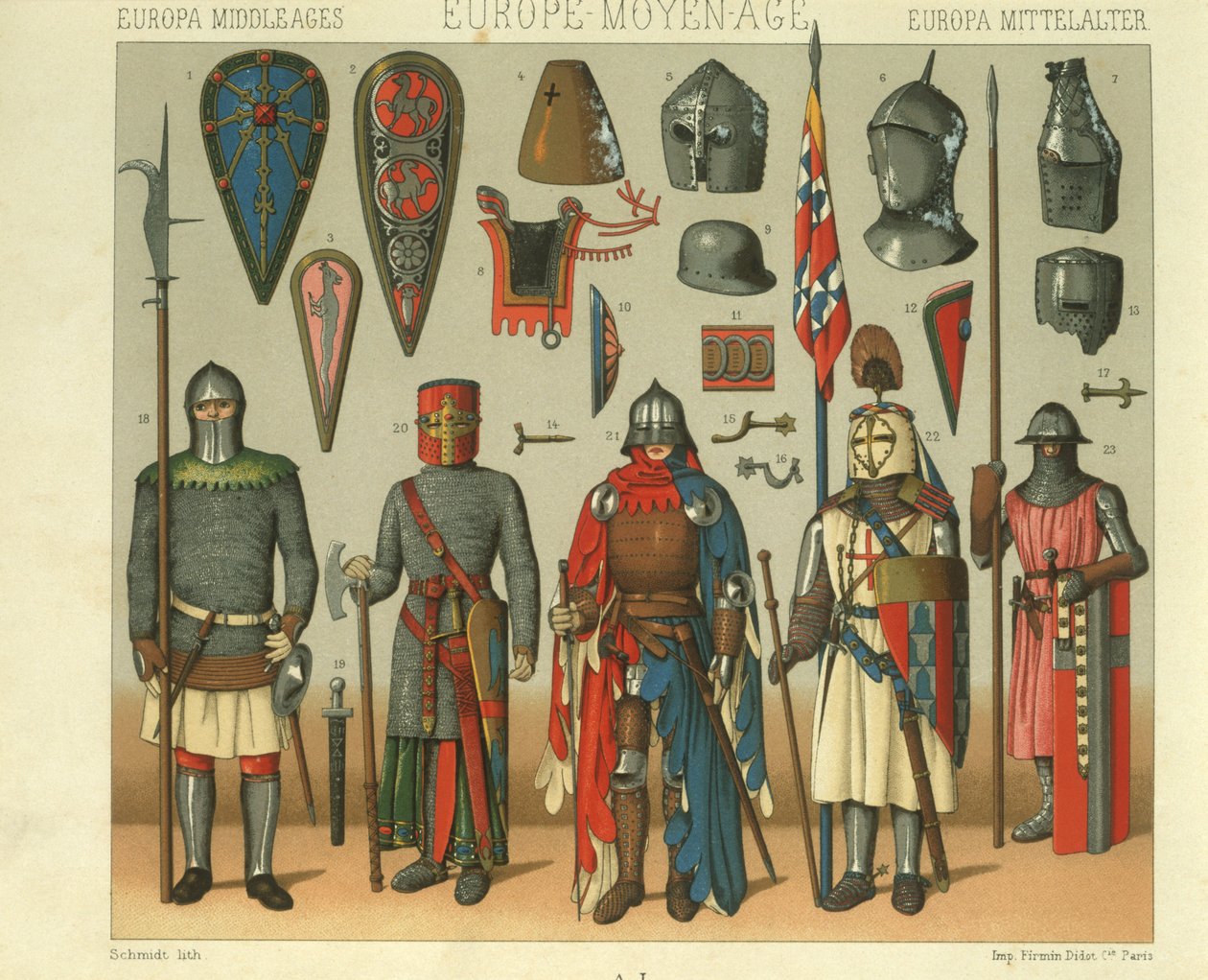 Illustratie van Franse krijgersharnas door Albert Charles August Racinet