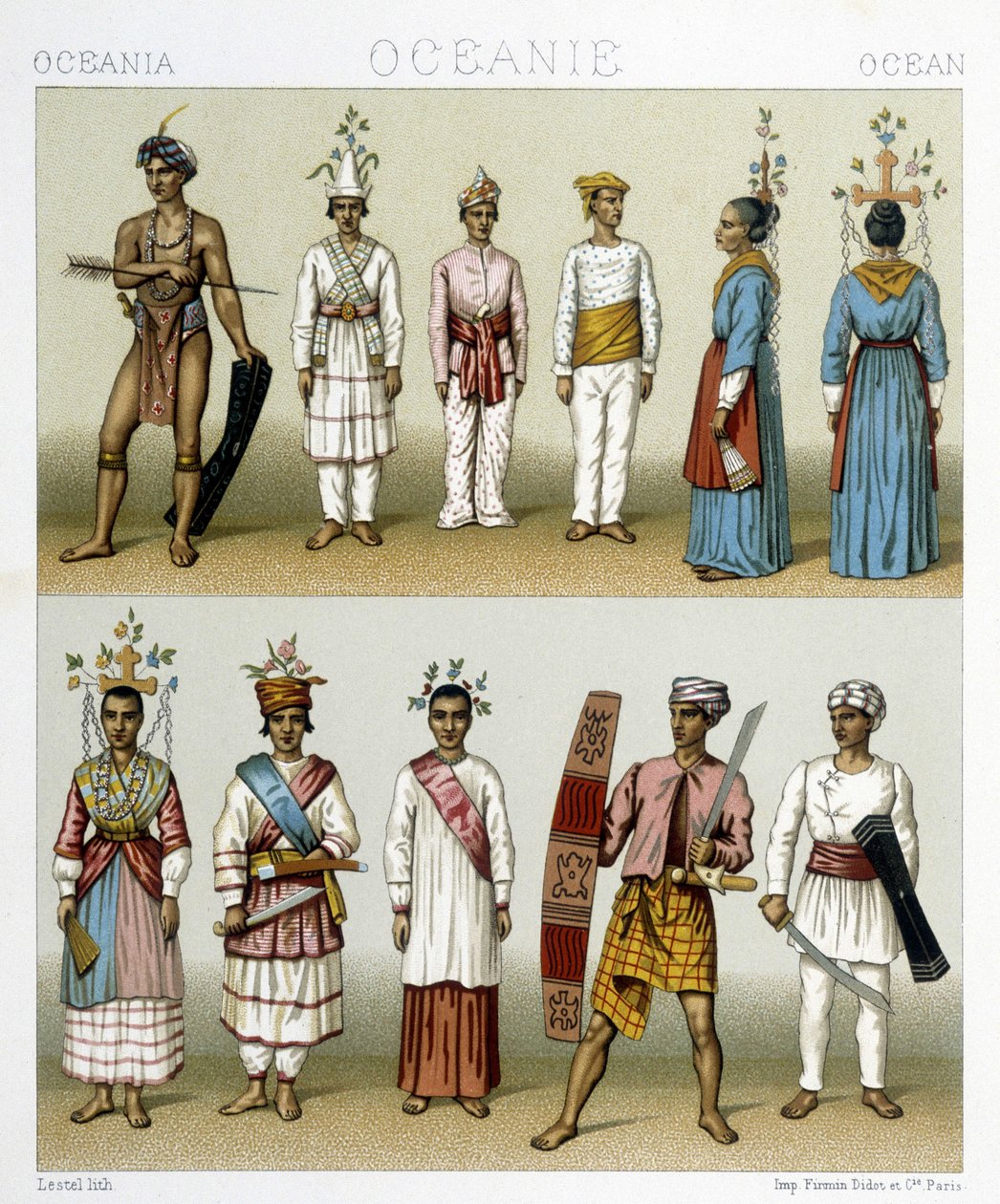 Inwoners van de Celebes-eilanden in Indonesië. Illustratie in "Le costume historique" door Racinet door Albert Charles August Racinet