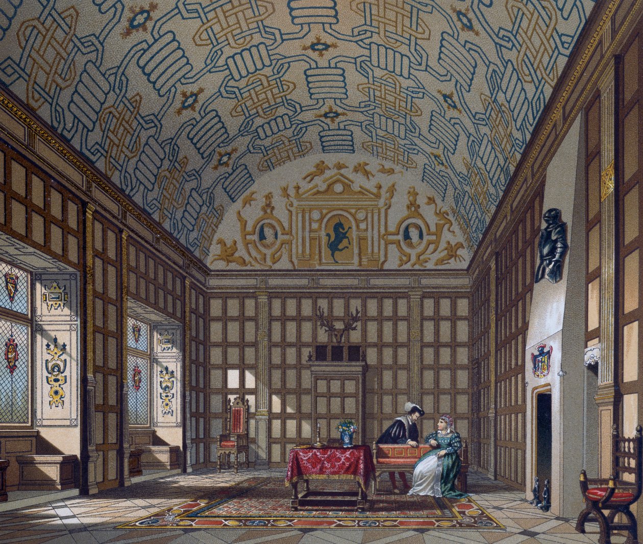 Interieur van een 16e-eeuwse Engelse woning, Lithografie door Gaulard uit Le Costume historique door Albert Charles August Racinet