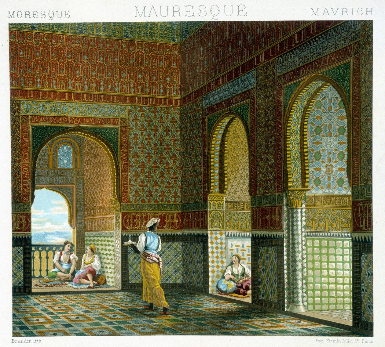 Interieur van een Moors huis (Alhambra, kamer van de Zegen). Chromolithografische plaat - in 