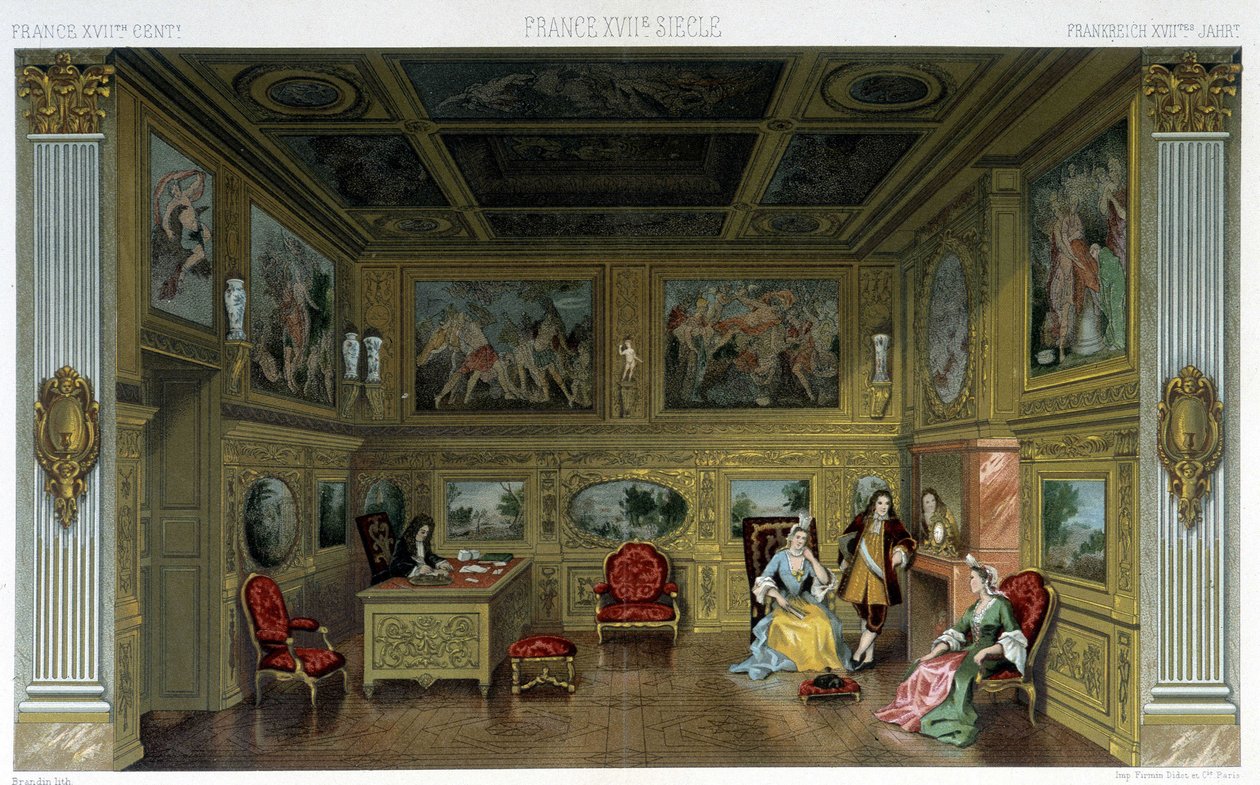 Mannen en vrouwen in een rijk 18e-eeuws huis. Illustratie in 