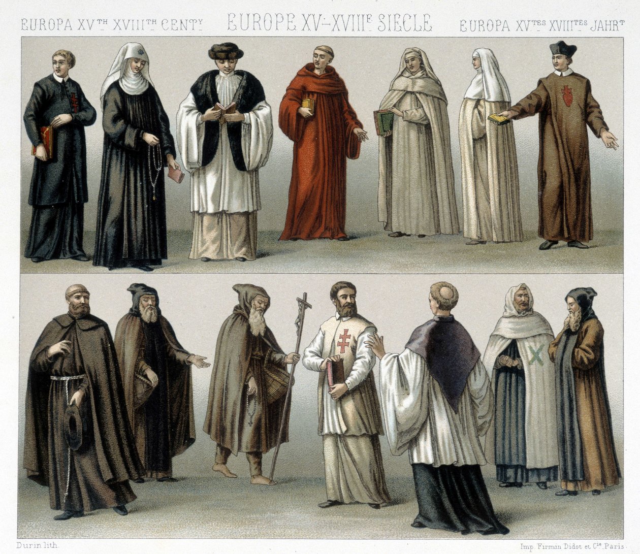 Monastieke kostuums in Europa van de 15e tot de 18e eeuw. Illustratie in "Le costume historique" door Racinet door Albert Charles August Racinet