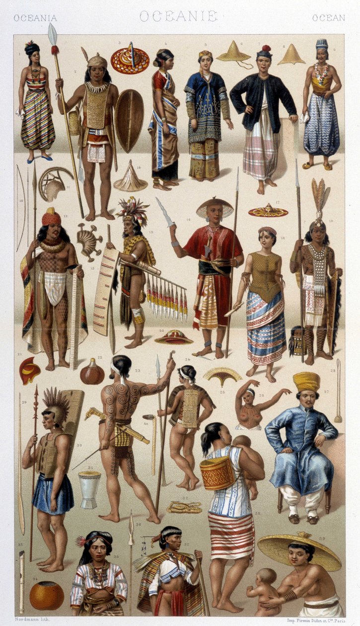 Mensen van Maleisië en Polynesië (Oceanië). Illustratie in 