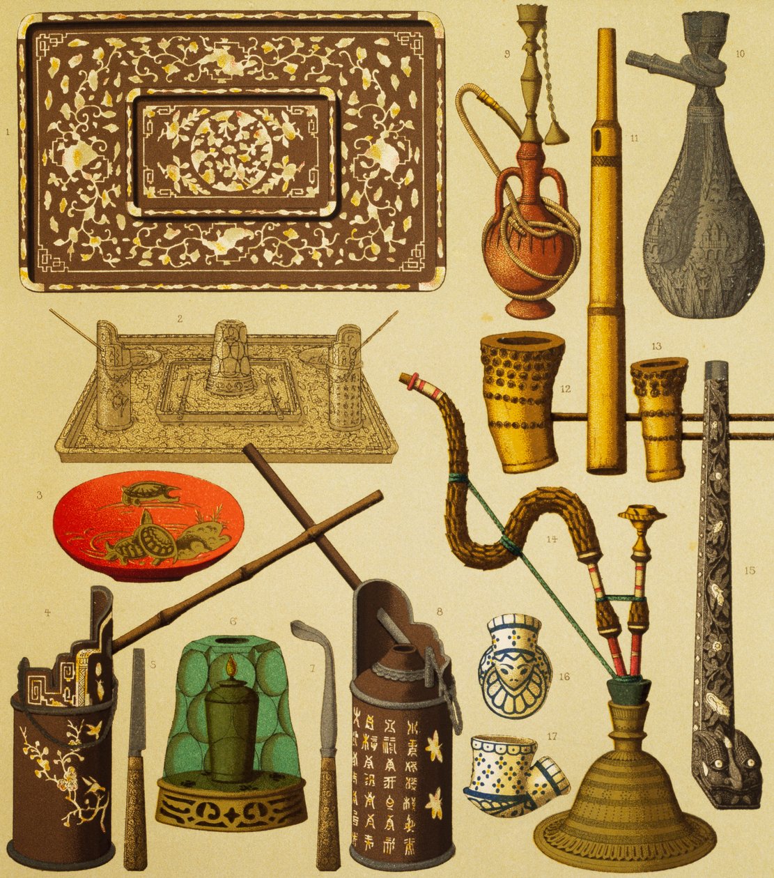 Pijp en objecten gebruikt door rokers, lithografie uit The Complete Costume History, eerste volume door Albert Charles August Racinet