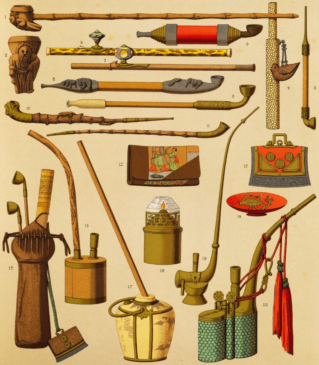 Pijp en voorwerpen gebruikt door rokers, lithografie door Schmidt uit De Complete Kostuumgeschiedenis, eerste deel, door Auguste Racinet, Parijs door Albert Charles August Racinet