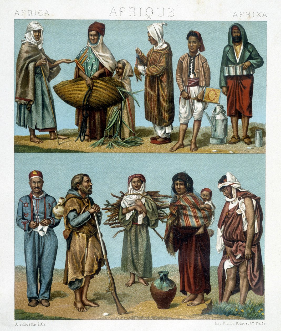 Populaire kostuums van Afrika. Illustratie in "Le costume historique" door Racinet door Albert Charles August Racinet