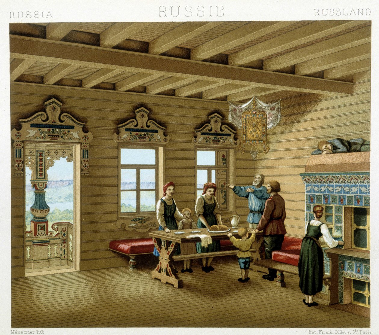 Russische familie in een typische residentie in Rusland in de 19e eeuw. Chromolithografische plaat - in 