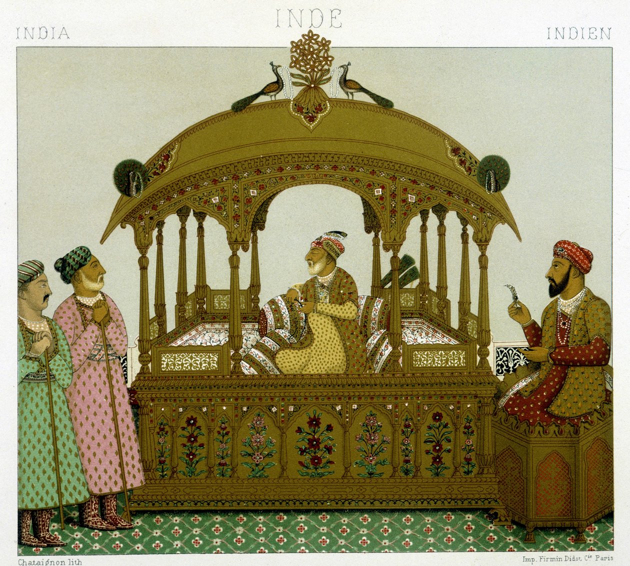 Troon van de Mugol-keizers. Chromolithografische plaat - in 
