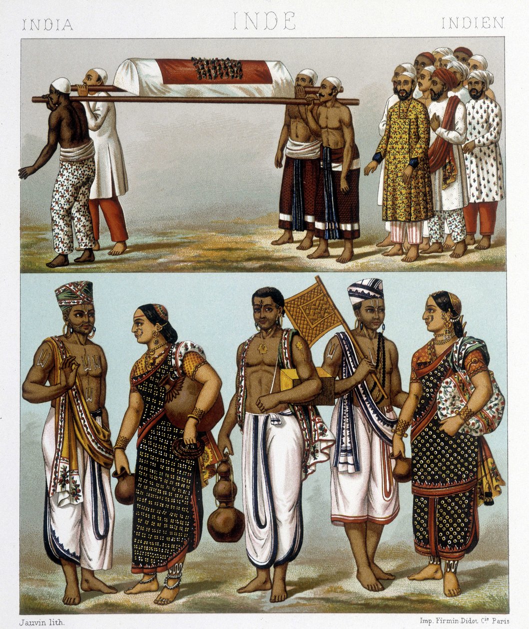Traditionele kostuums van moslims (bovenkant van de afbeelding) en hindoes (onderkant) die in India wonen. Illustratie in 