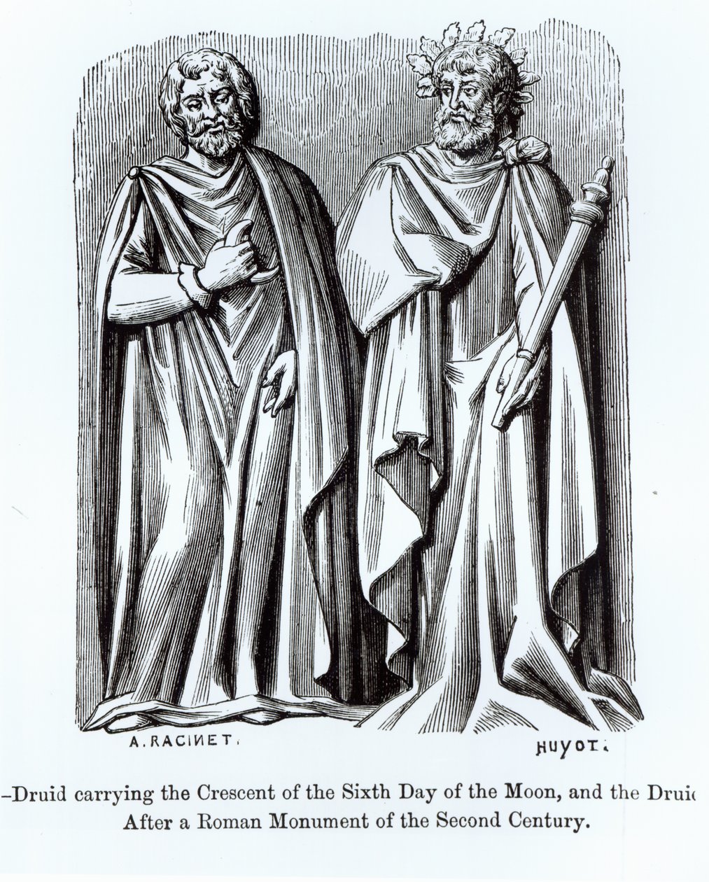 Twee druïden, een draagt de Halve Maan van de Zesde Dag van de Maan, naar een Romeins monument uit de tweede eeuw, illustratie uit Wetenschap en Literatuur in de Middeleeuwen en de Renaissance, geschreven door door Albert Charles August Racinet