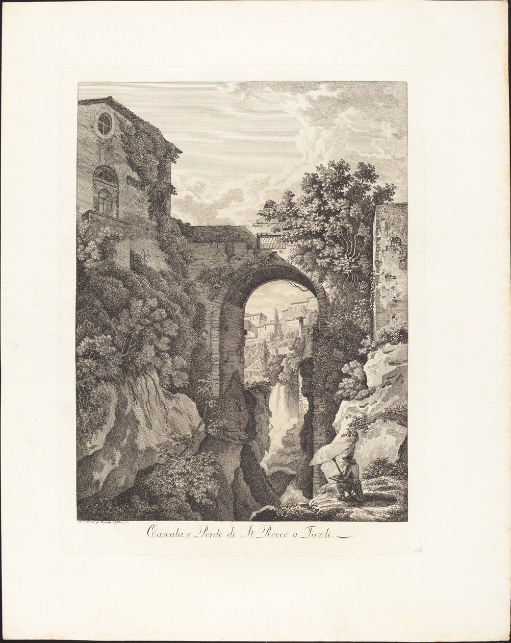 Waterval en brug van San Rocco in Tivoli door Albert Christoph Dies