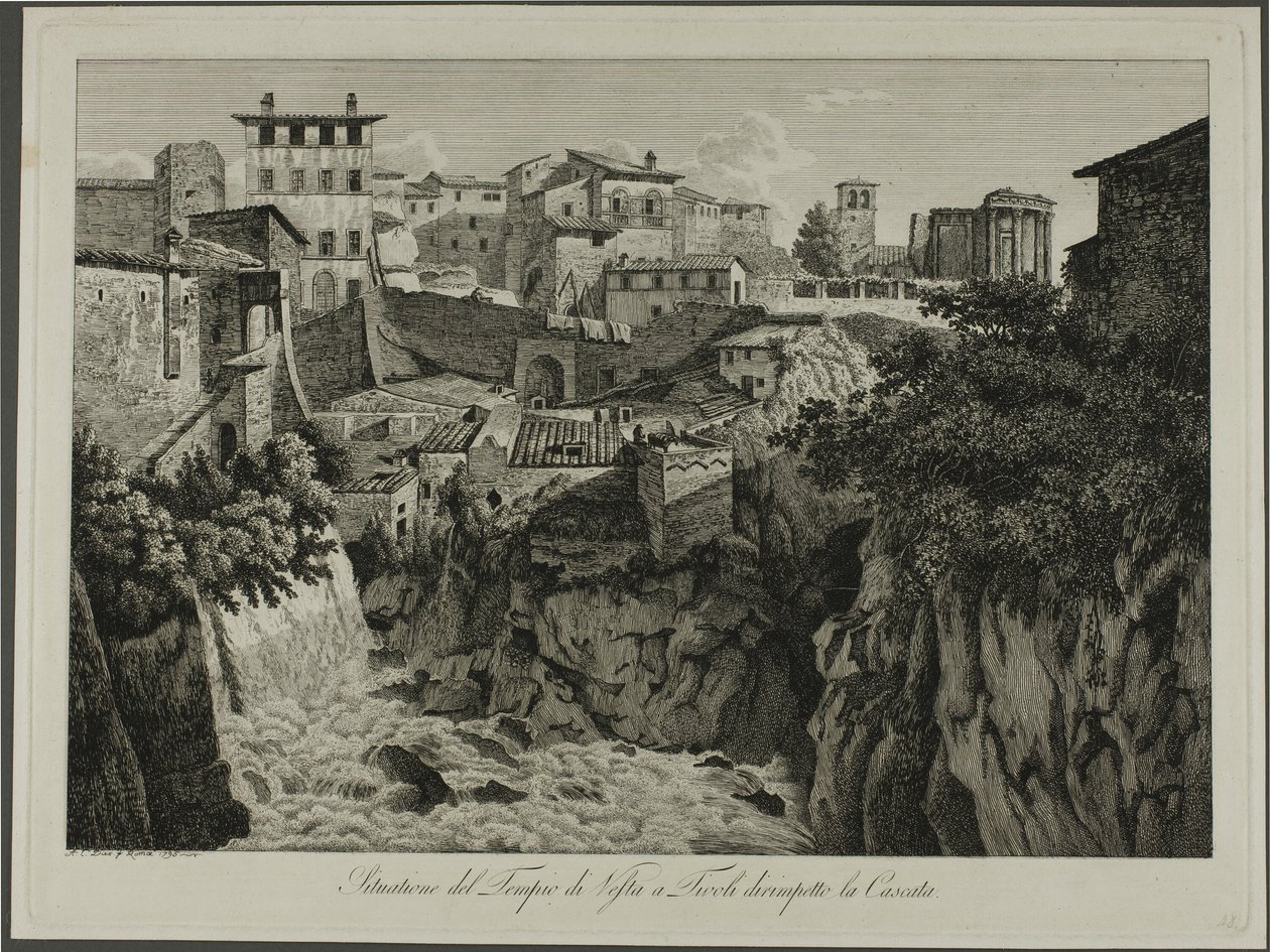 Scène van de Tempel van Vesta in Tivoli met uitzicht op de watervallen door Albert Christoph Dies