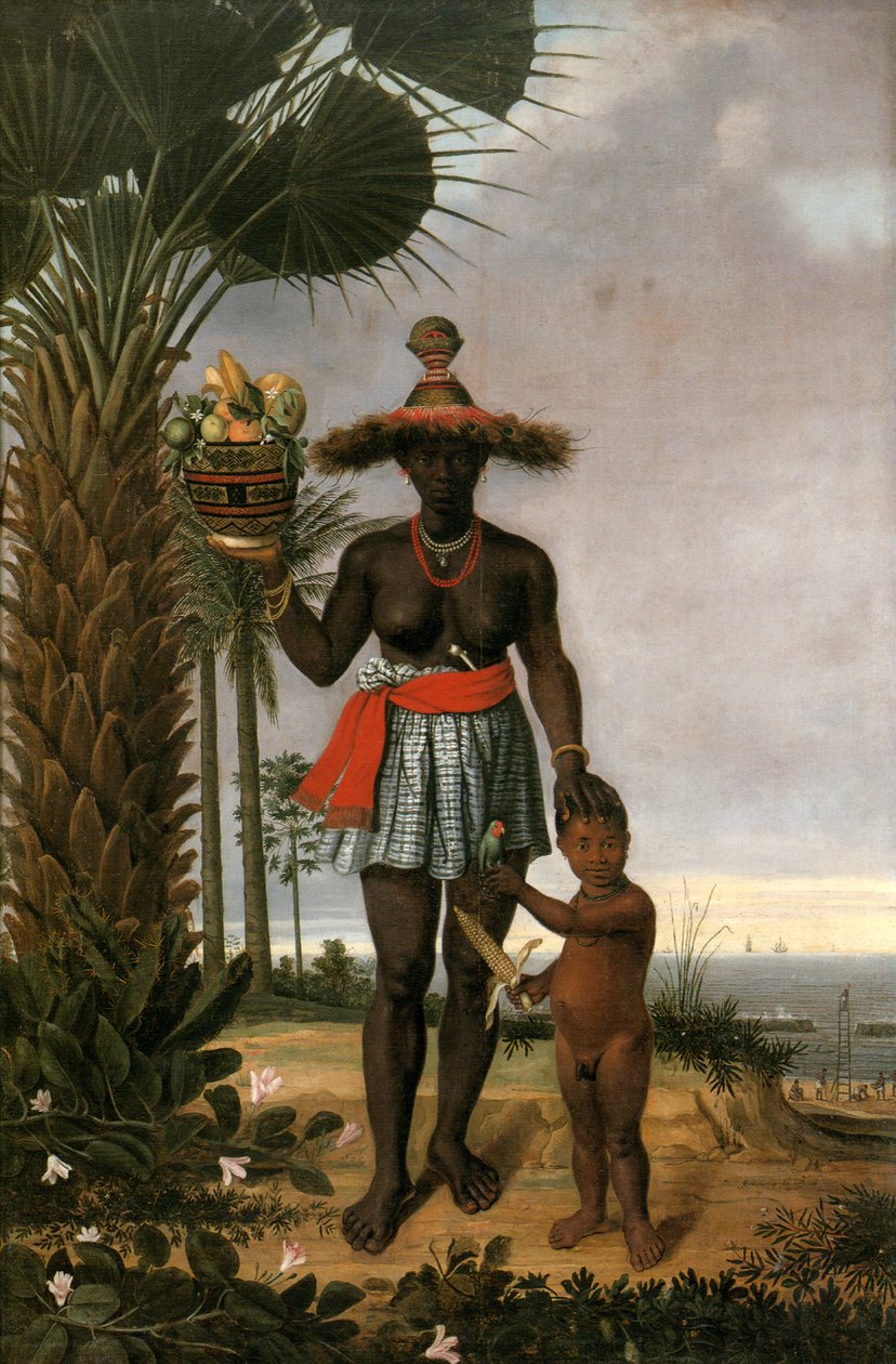 Frans: Portrait de femme noire avec enfant et panier Amerikaanse vrouw door Albert Eckhout