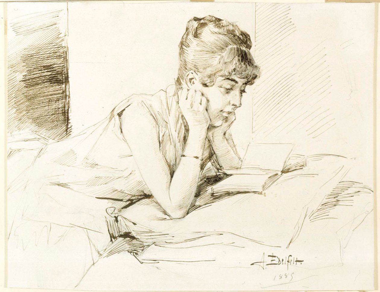 Een jonge vrouw die aan het lezen is door Albert Edelfelt