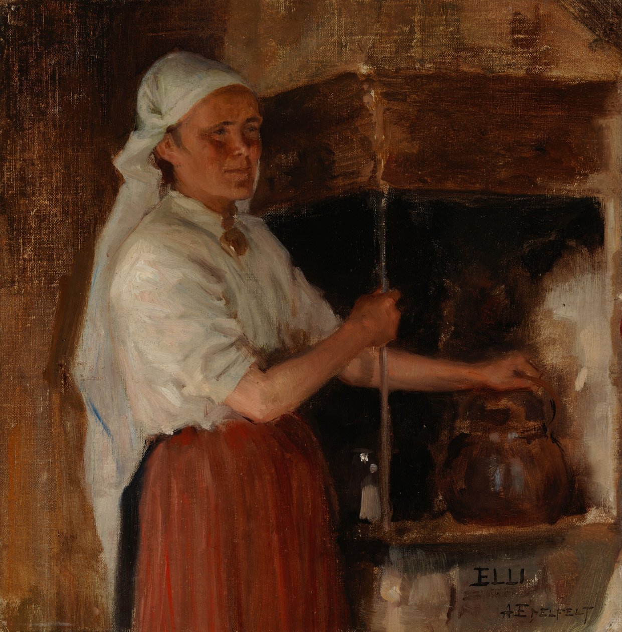 Elli Jäppinen bij het fornuis, studie door Albert Edelfelt