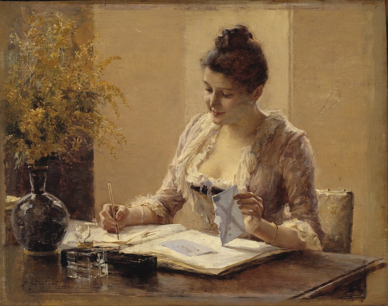 Dame die een brief schrijft door Albert Edelfelt