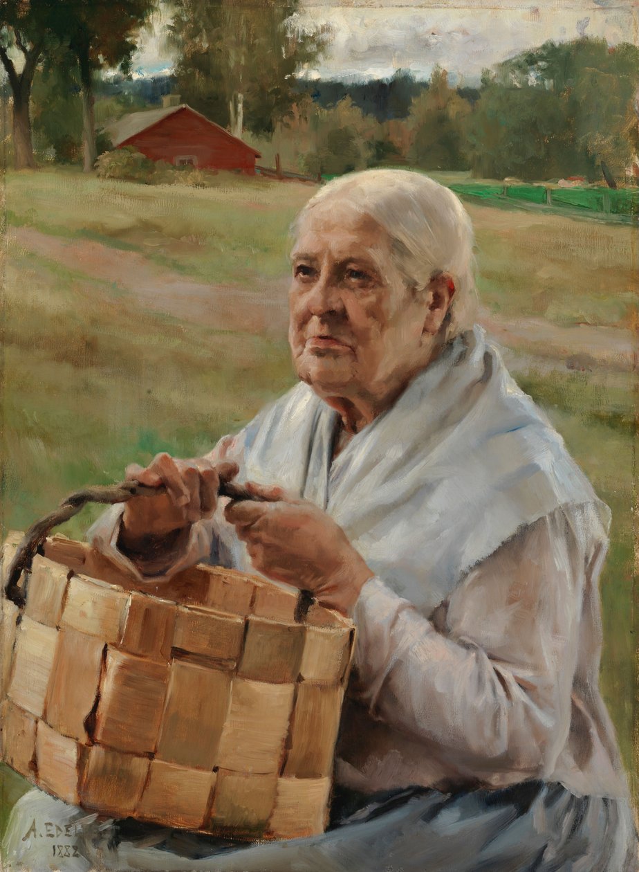 Oude vrouw met een spaandermand door Albert Edelfelt