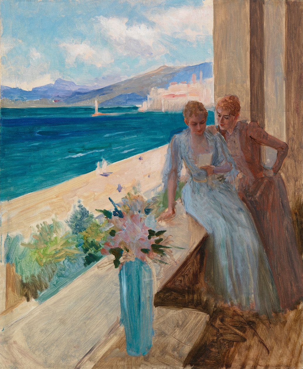 De vrouw van de kunstenaar en Emilia von Etter op een balkon in Cannes door Albert Edelfelt
