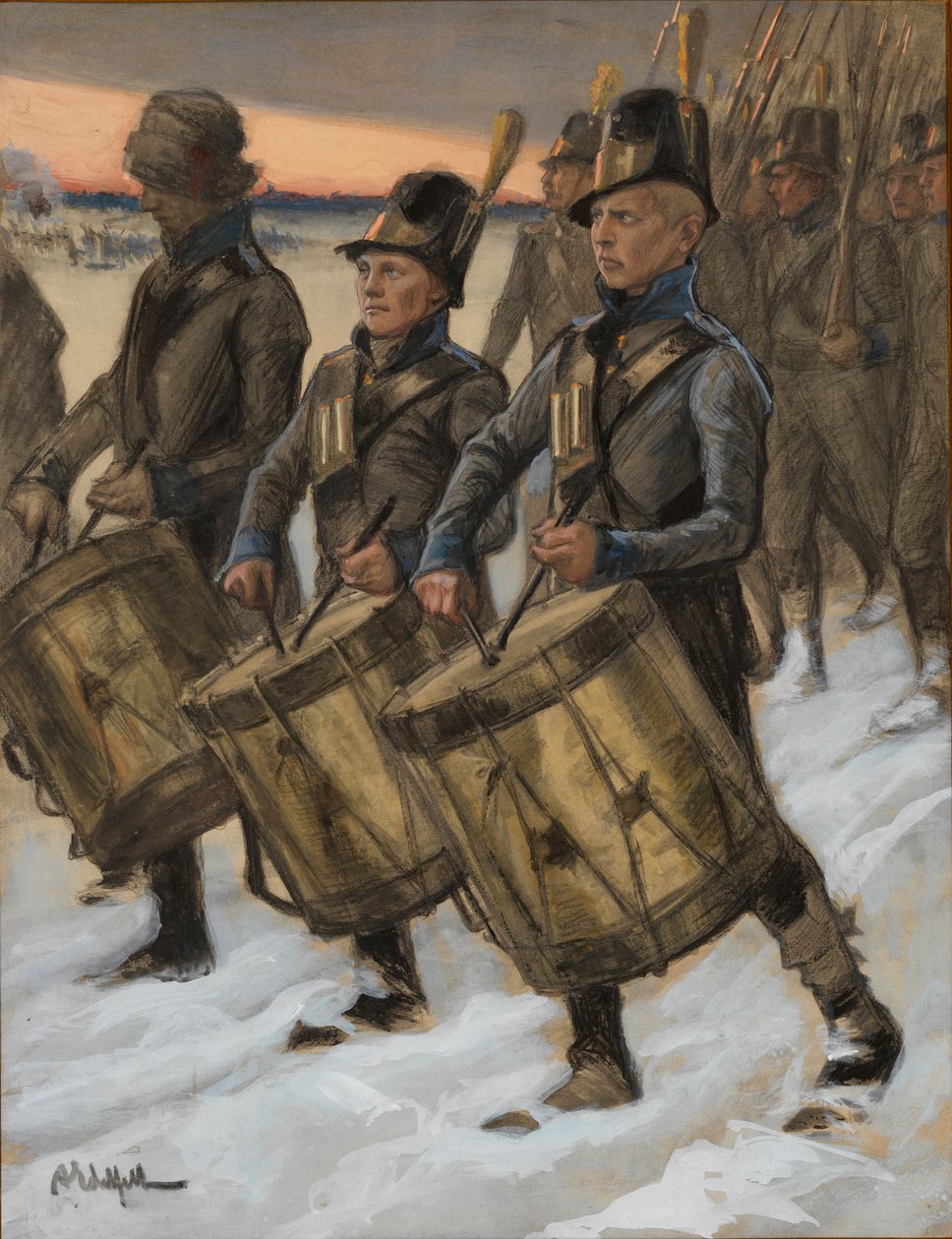 De mars van het Björneborg-regiment, originele tekening voor de Verhalen van vaandrig Stål door Albert Edelfelt