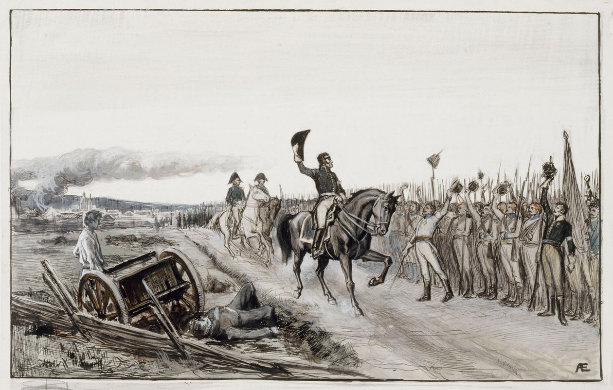Von Döbeln begroet zijn troepen uit het gedicht nummer vijftien „Stolt“ (originele tekening voor de „Verhalen van vaandrig Stål“) door Albert Edelfelt